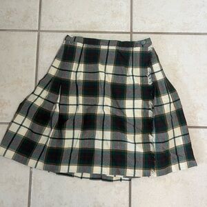 Vintage 100% Wool Aljean White Green and Brown Tartan Plaid Kilt Skirt